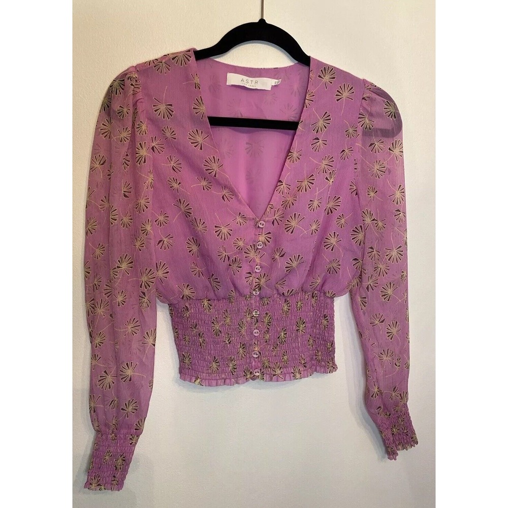 Astr The Label Tatum Purple Abstract Floral Button Puff Sleeve XS Top